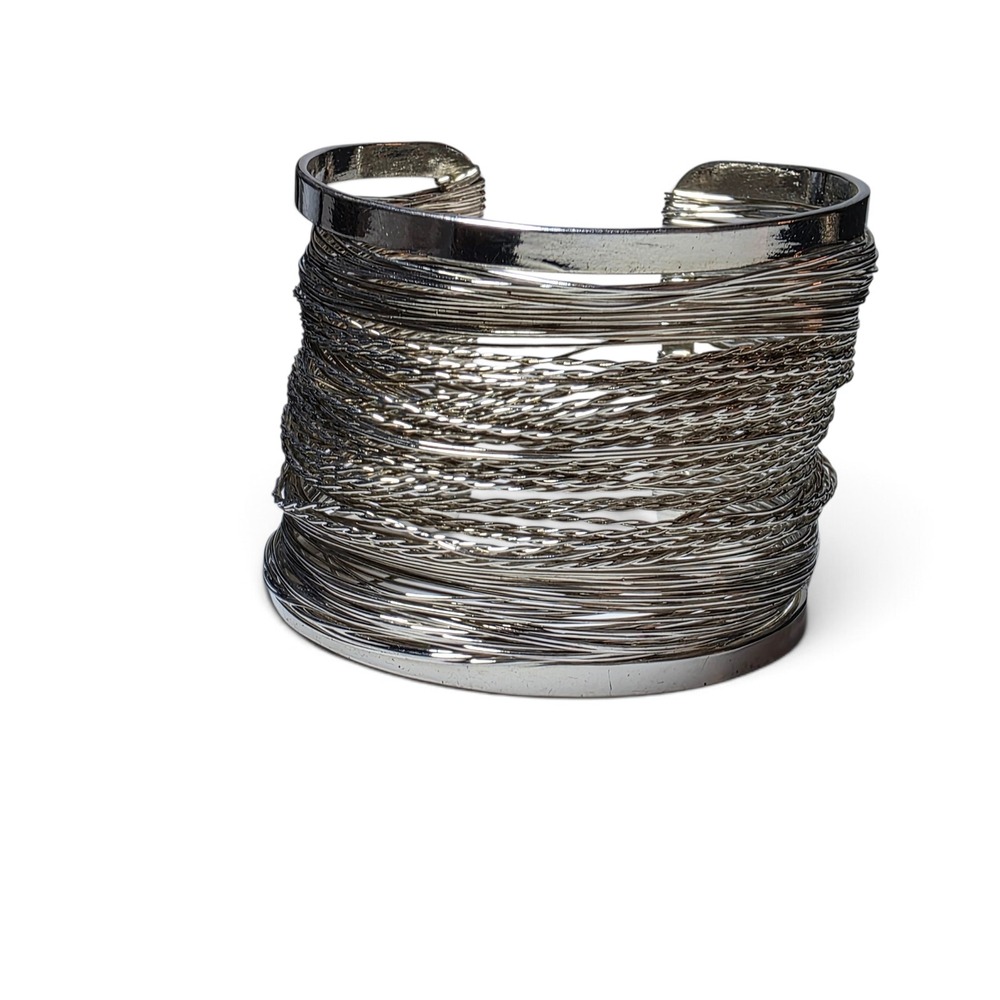 Vintage Southwestern Silver Tone Multi Strand Wire Cuff Bracelet Wide Layer Boho